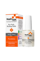A 0.5-ounce bottle of Nail Tek Foundation 2 featuring with white brush cap next to its retail box packaging